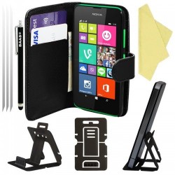 BAAS® Nokia Lumia 530 - Etui Housse Coque en Cuir Portefeuille + 2 x Film de Protection d'Ecran + Stylet Pour Ecran Tactile + Su