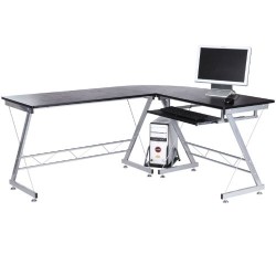 BUREAU D'INFORMATIQUE ANGLE POUR ORDINATEUR MEUBLE TABLE DE TRAVAIL PLATEAUX NOIR AVEC VEINE DE BOIS NEUF 18