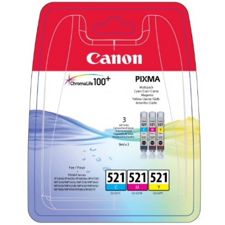 Canon CLI-521 Cartouche d'encre d'origine Pack de 3 Cyan, Magenta, Jaune